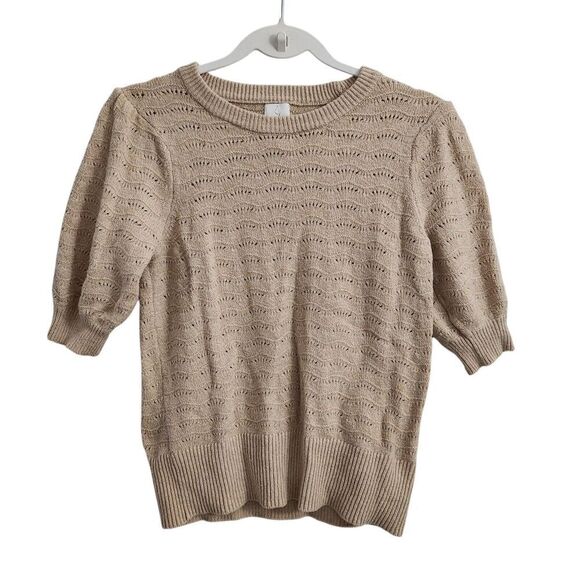 JOIE Sweater Womens Small Tan‎ Pointelle Knit Short Puff Sleeve Pullover Stretch - Picture 1 of 7